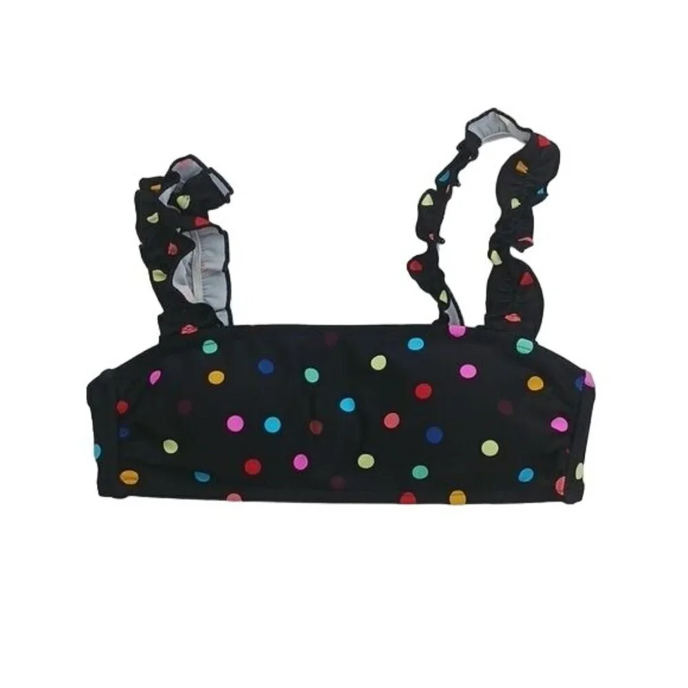 No Boundaries Bikini Top Black Rainbow Polka Dot Ruffle Straps Juniors S 3-5